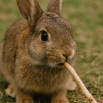 Conejo roendo madera para el cuidado dental